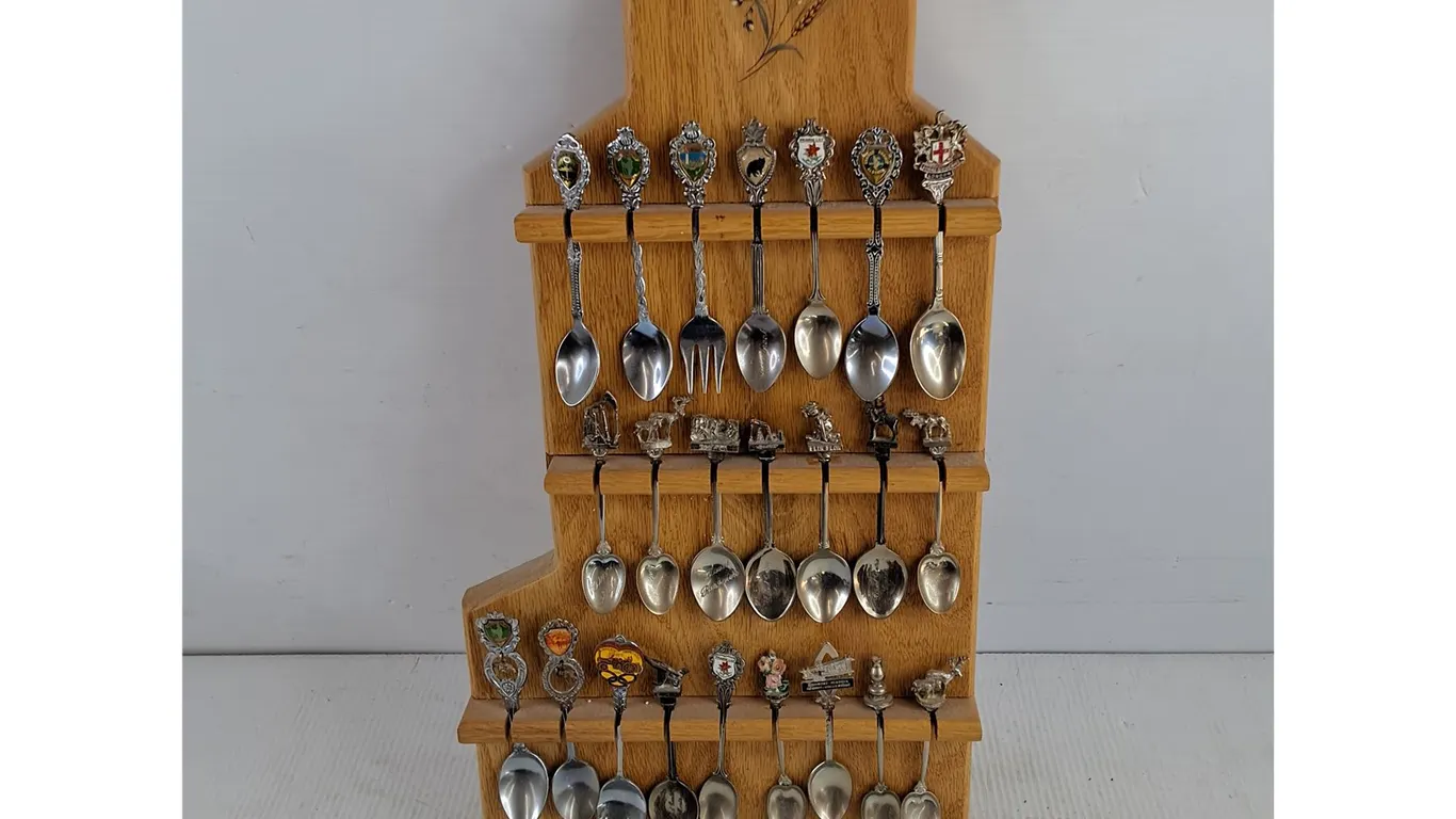 Assorted Souvenir Spoons & Wooden Display Racks