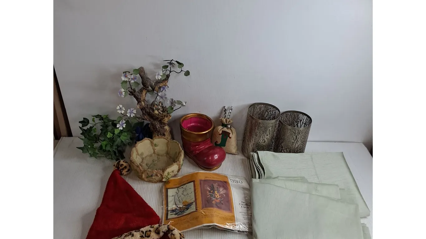 Pair of 84" x 54" Drapery Panels, Metal Baskets, Craft Project, Resin Tree Bowl, Misc.
