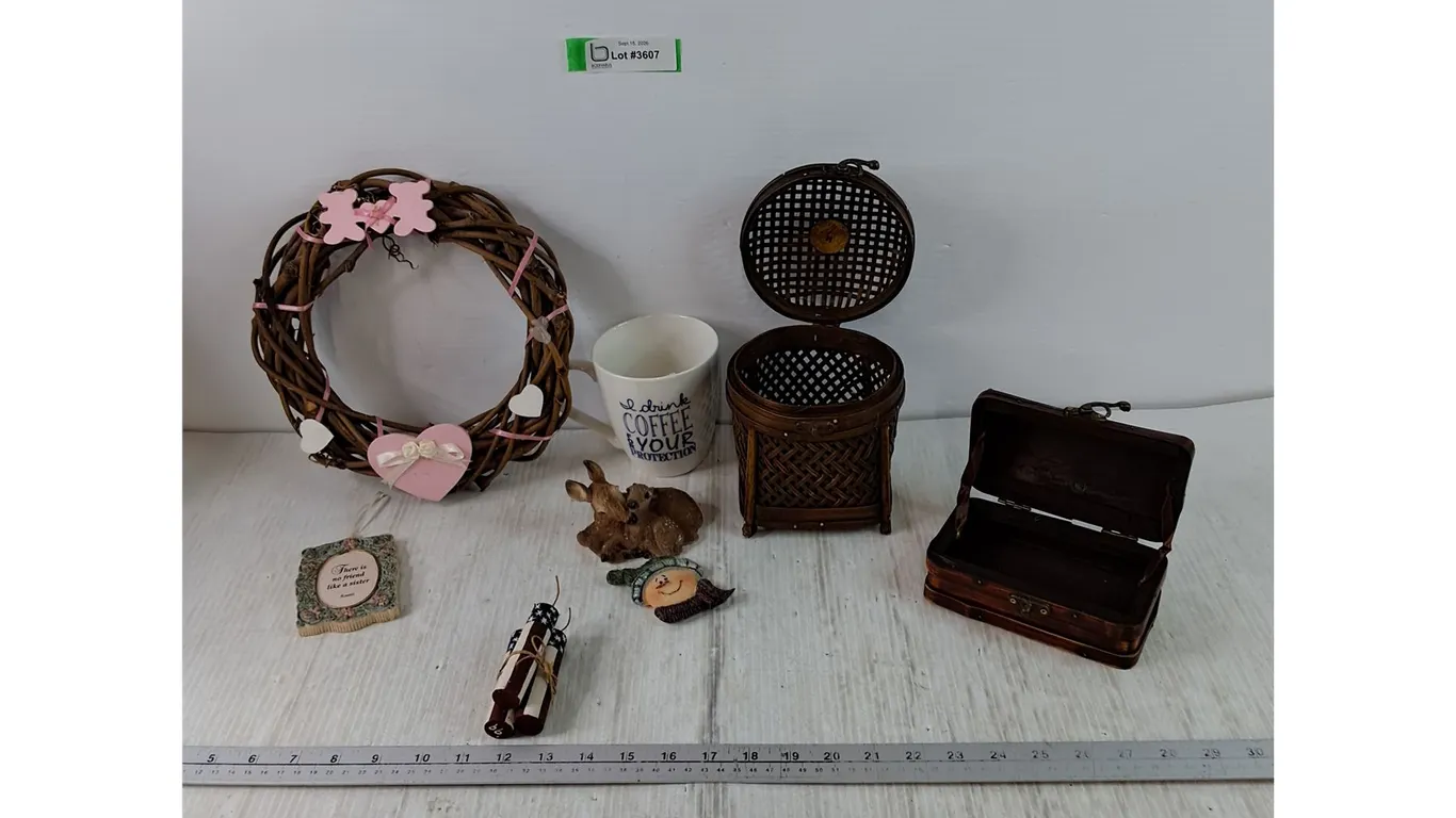 Stick Wreath, Doe & Fawn Deer Statue, (2) Small Wood & Wicker Containers, Coffee Cup