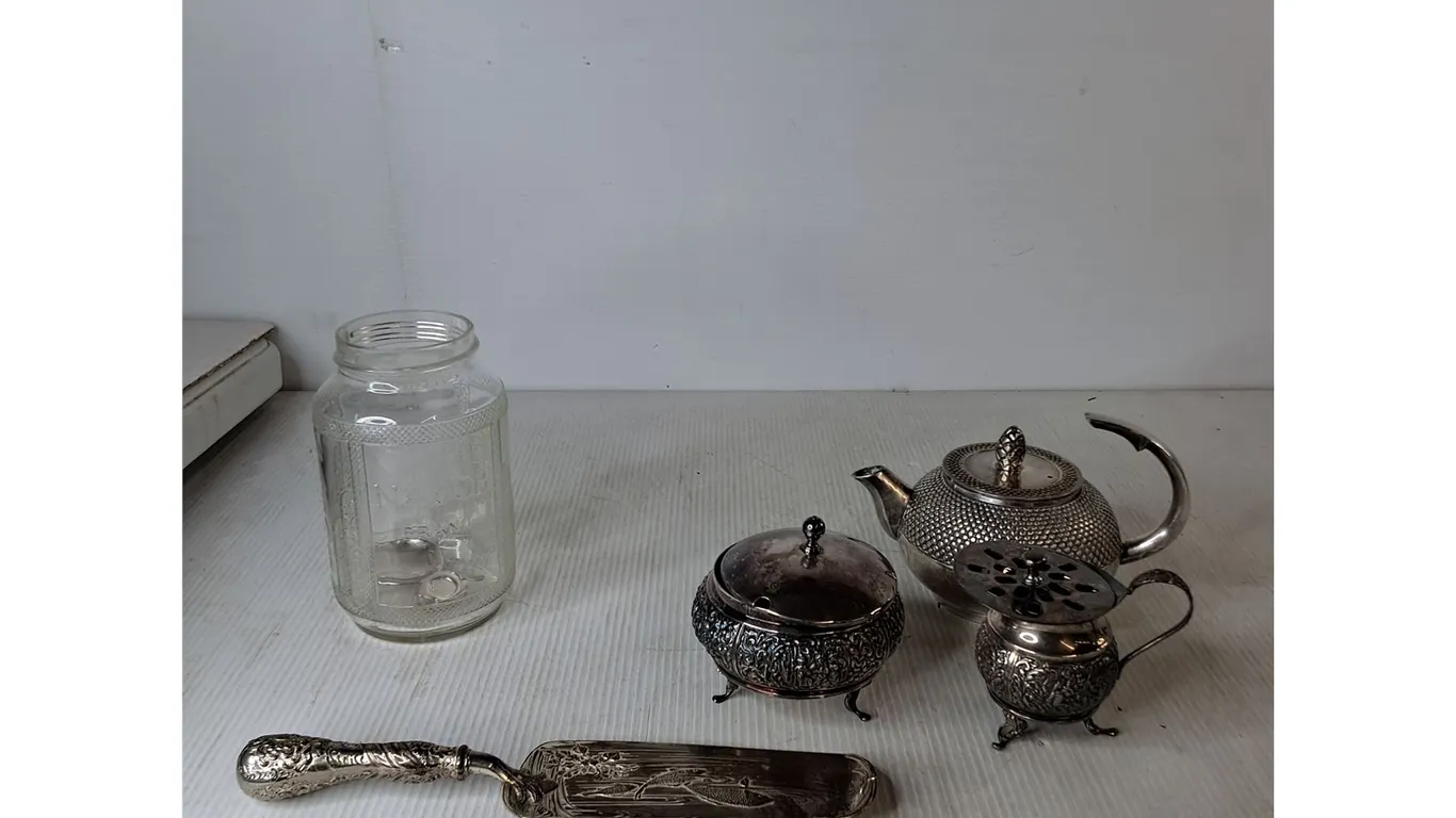 Silver Plated Cream & Sugar, Table Dust Pan, Nabob Coffee Jar, Misc