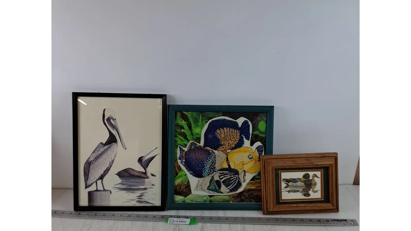 (3) Framed Pictures, (2) Painting Prints, (1) Cross-Stich of Birds and Fish