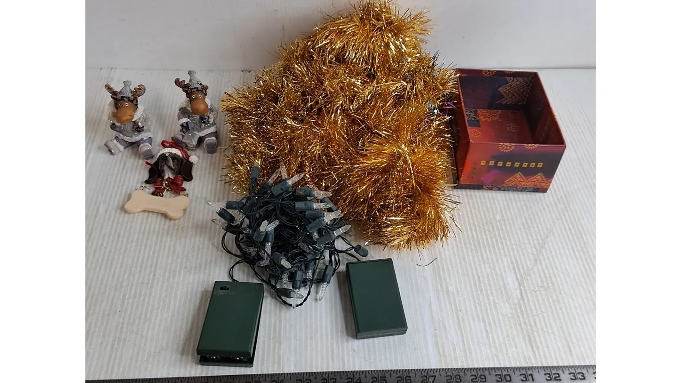 Christmas Ornaments, Tinsel, String Lights, Storage Box