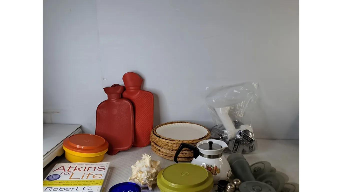 Vintage Tupperware, (2) Waterbottles, Salt & Pepper Shaker In Stand, Cobalt Blue Bowl, Misc