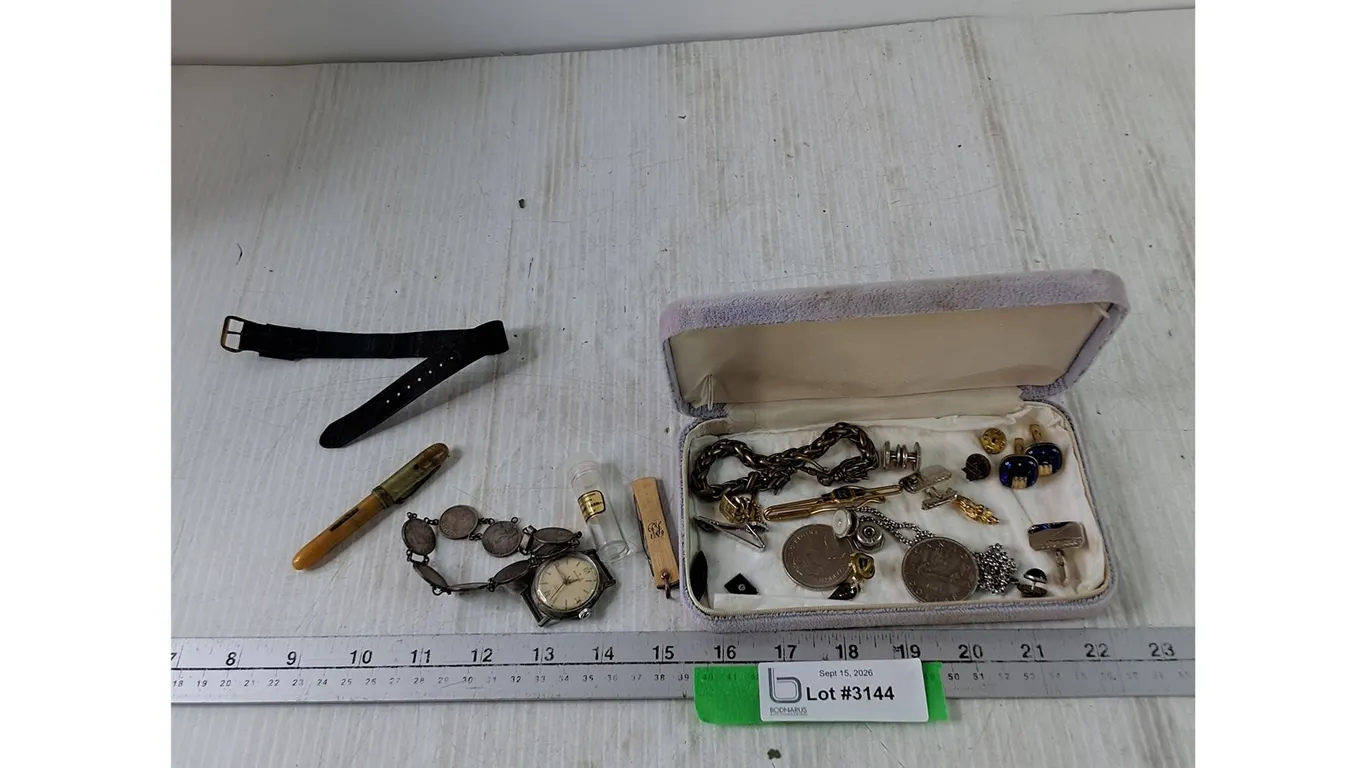 ^Assorted Metal Cufflinks, Pocketwatch, Dragon Bracelet, Mini Fountain Pen, Watch, Misc