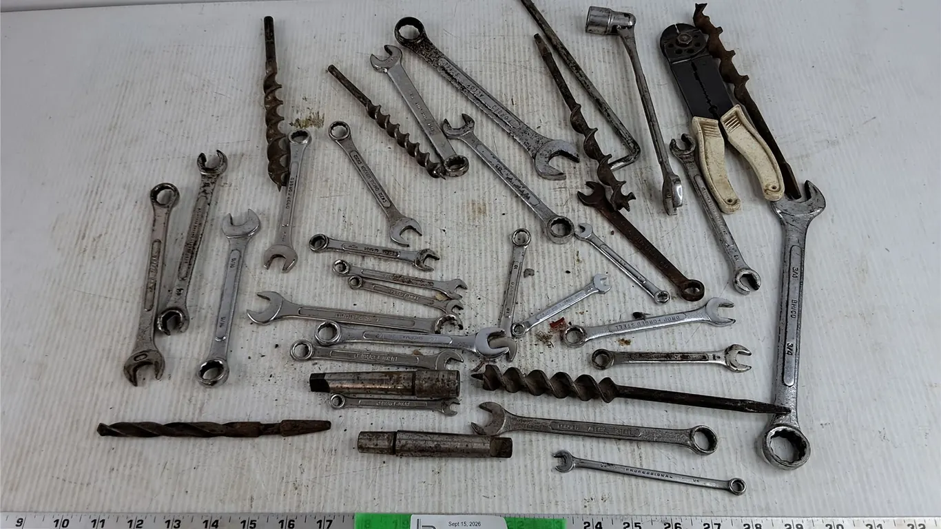 Assorted Combo Wrenches, Drill Bits, Wire Strippers, Misc