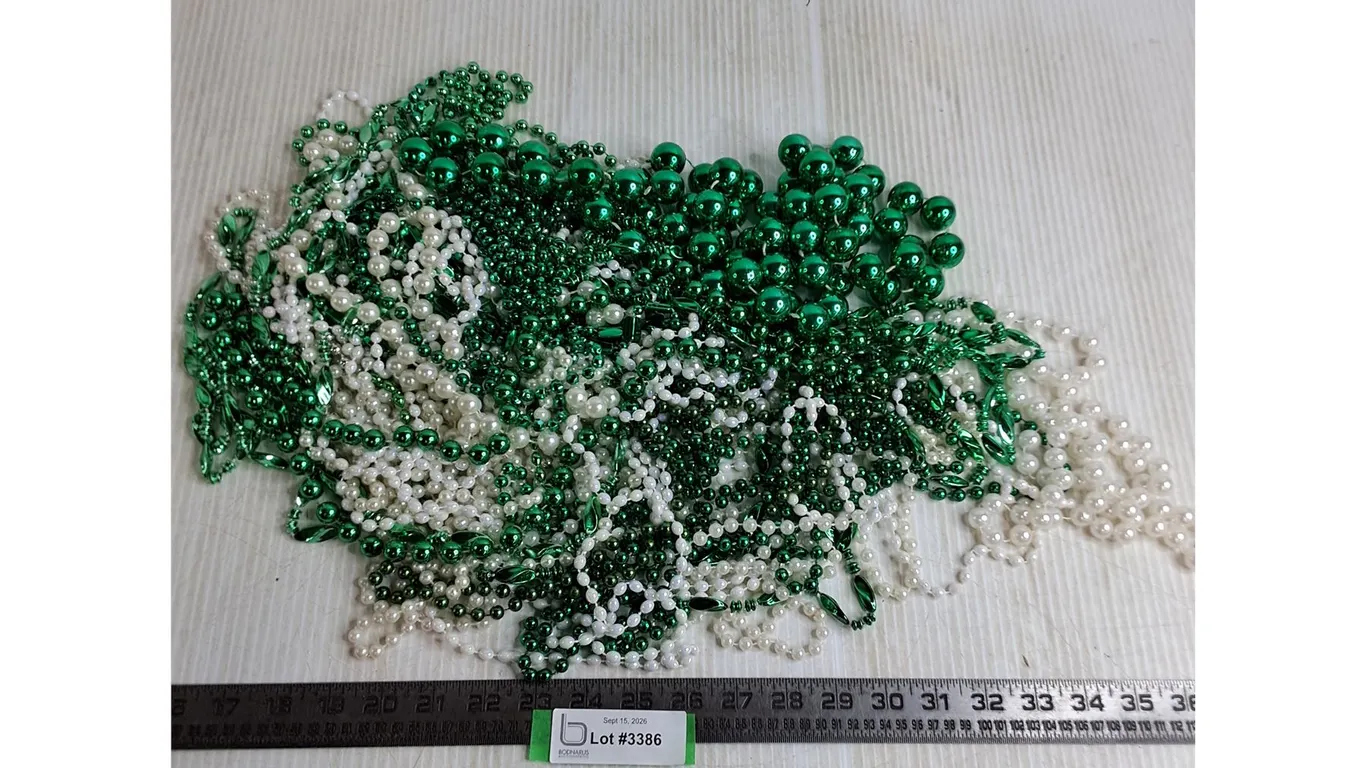 Large Quantity of Green & White Mardi-Gras Bead Necklaces