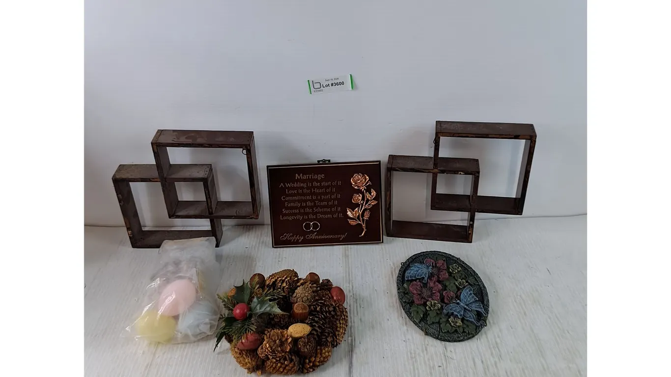 Marriage Plaque, (2) Small Shelves, (1) Floral Decoration, Acorn Wreath, Paper Bird Arts & Crafts
