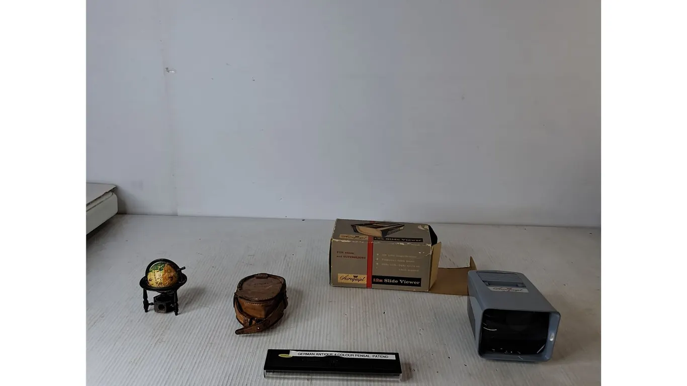 12x Slide Viewer, Globe Pencil Sharpener, German Mechanical Pencil, Compass in Leather Case
