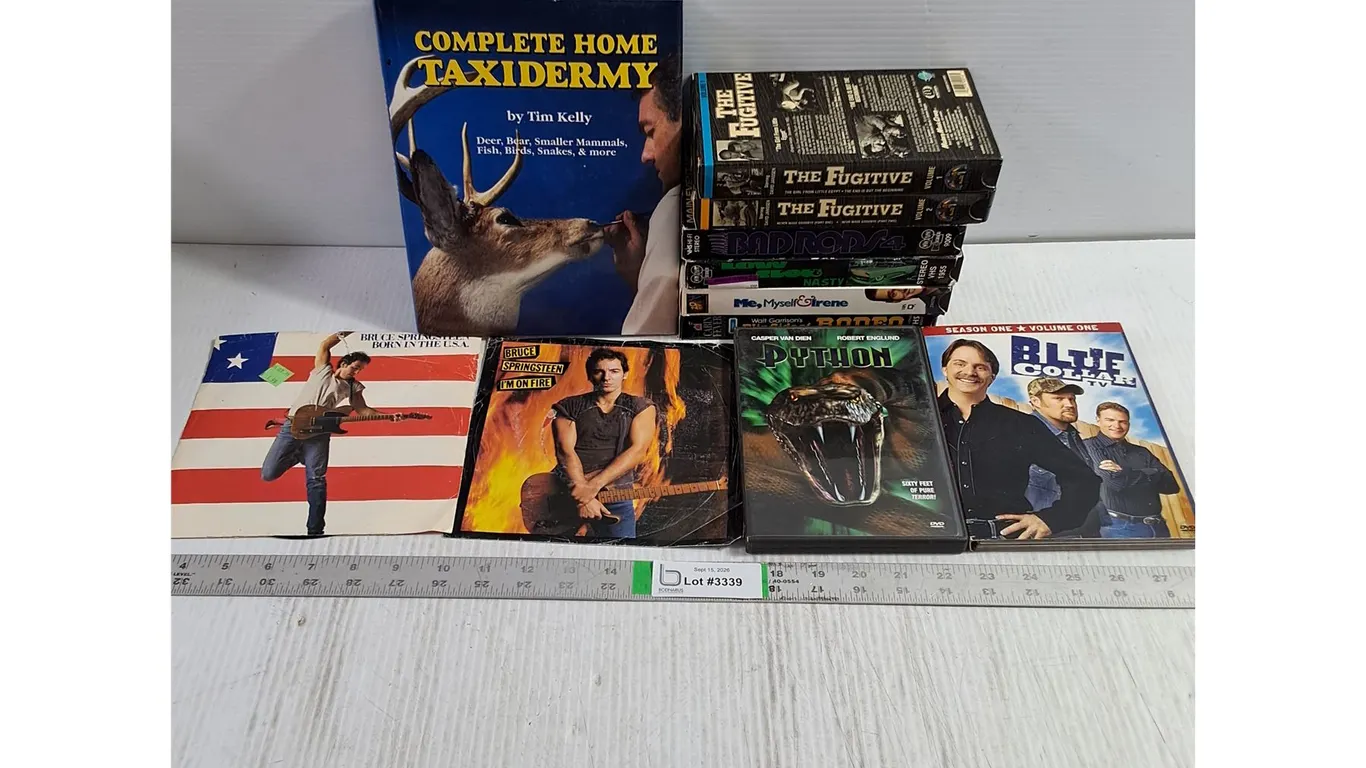 Taxidermy Book,VHS Videos,(2) DVD Movies,(2) Bruce Springsteen 45 Records