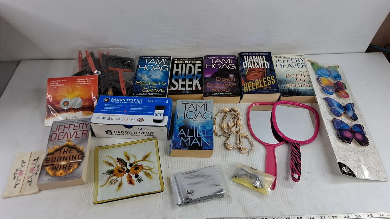Assorted Books - Tami Hoag, Daniel Palmer, Radon Test Kit, MakeUp Mirrors, Necklace, Misc