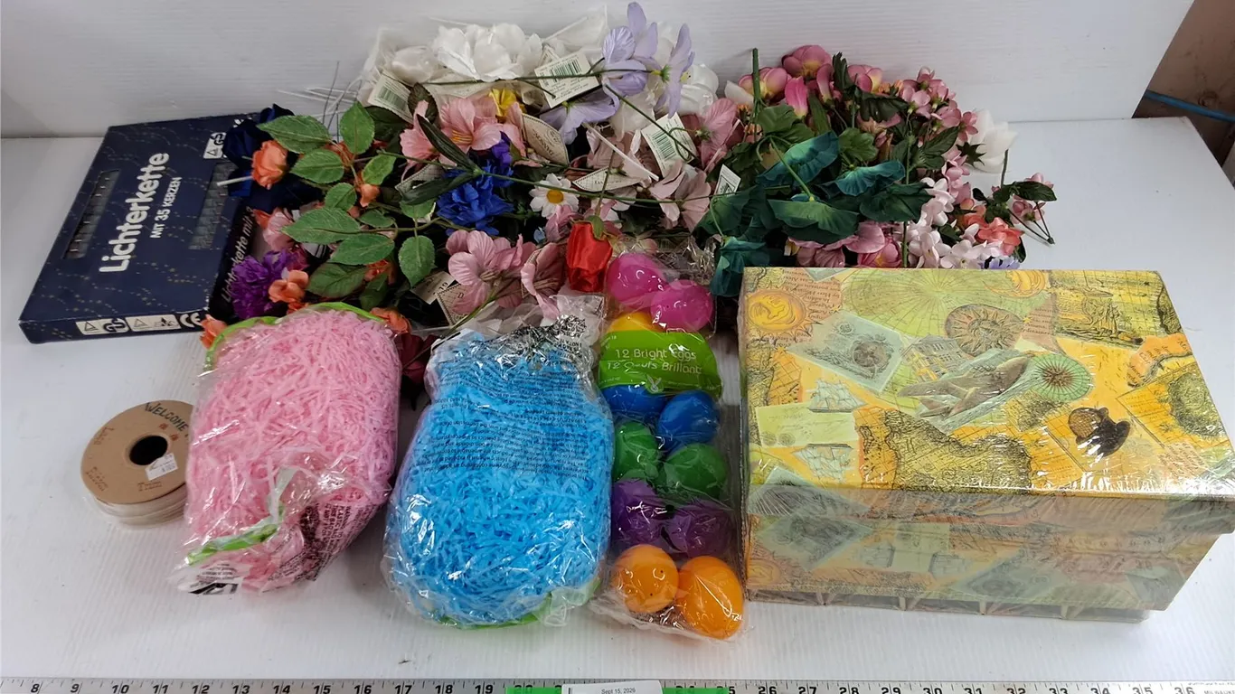 Artificial Flowers, Confetti, Bright Eggs, Christmas Tree Lights, Storage Boxes