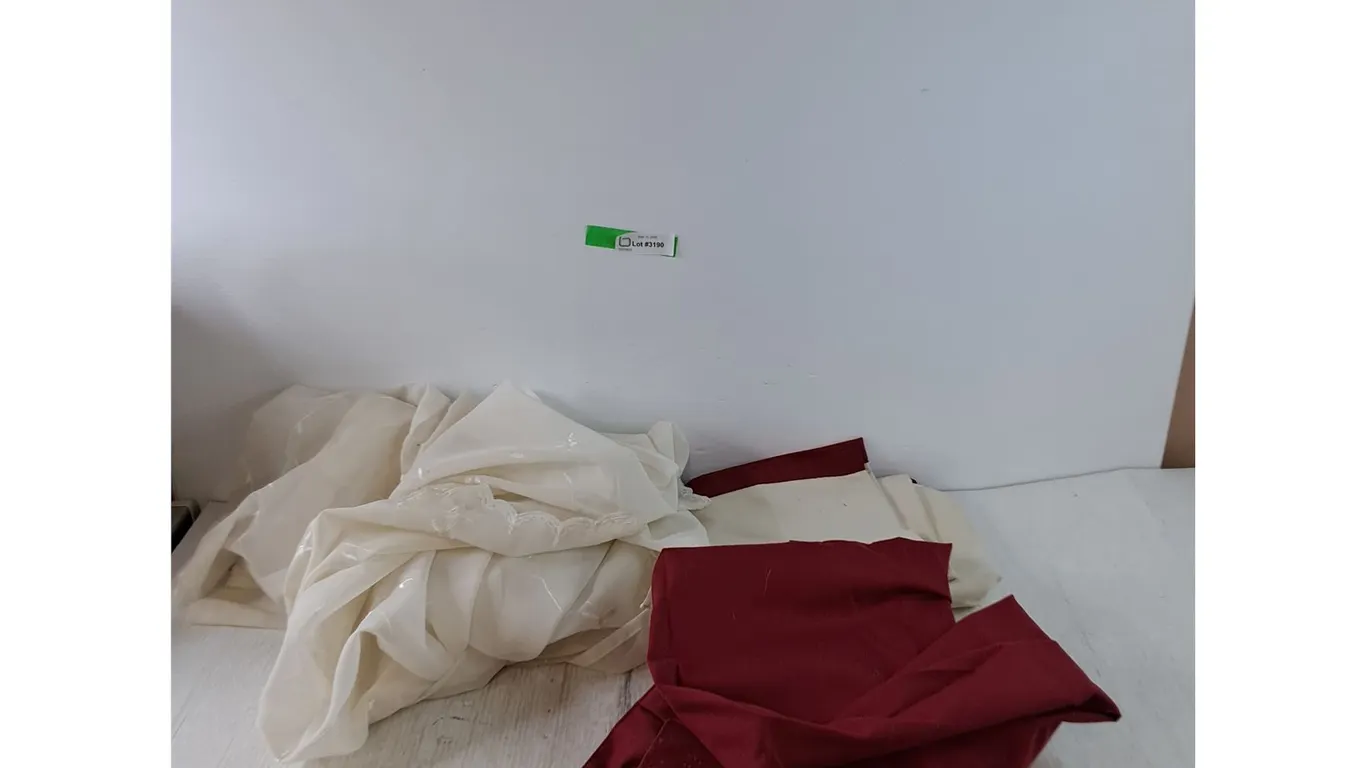 (3) Curtains, (1) Thin White Curtain ~7' x 14', (2) Red and White Curtains ~7' x 4'