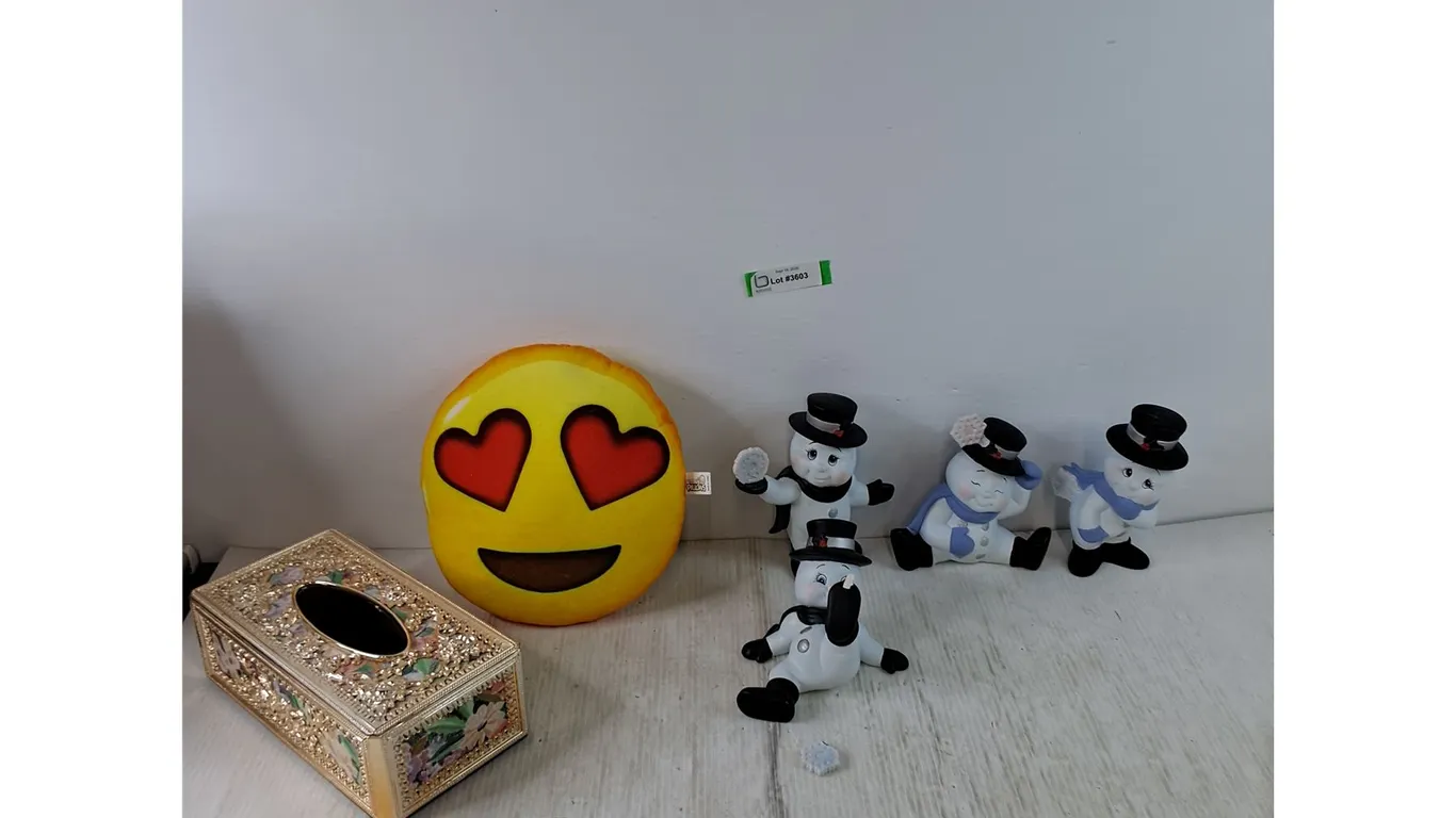 Emoji Pillow, Kleenex Box Holder, (4) Ceramic Snowmen Figures As-Is