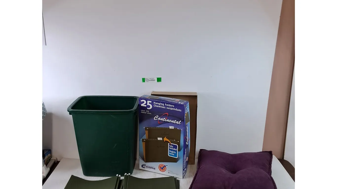 Green Trash Bin, (25) Continental Hanging Folders, Purple Pillow