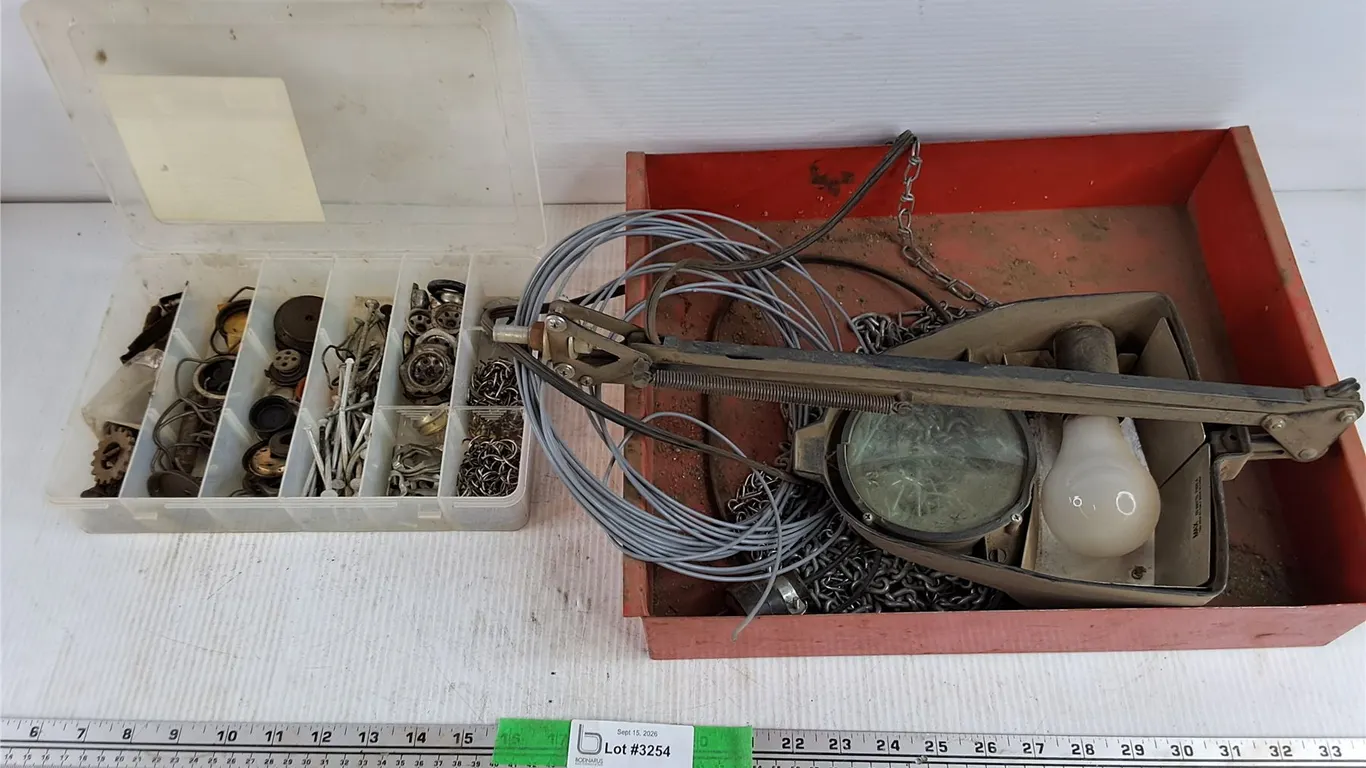 Assorted Hardware & Organizer, Chain, Desk Lamp, Wire, Metal Tray