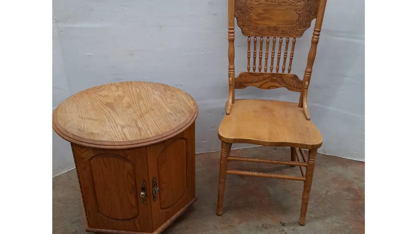 *Wooden Chair 42.5" Tall & Side Table 24" Diameter x 22" Tall- Can't Ship