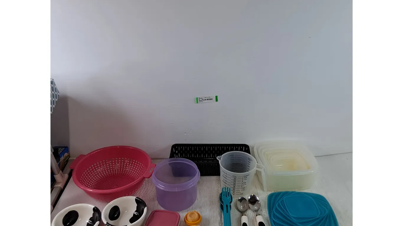 (2) Cow Bowls with Spoons, Colander, Liquid Measuring Cup, (8) Food Containers with Lids, Misc