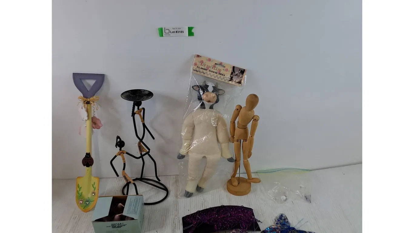 (6) Partylite Scented Candles, Garden Decor Shovel, Wire Frame Art, (2) Dolls, Butterfly Decor