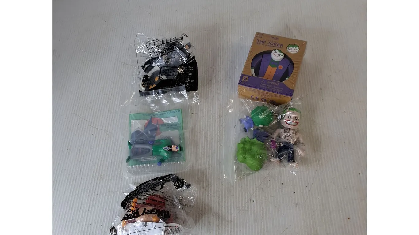 (2) Batman Happy Meal Toy Figurines, The Joker Painted Wooden Figure, Misc