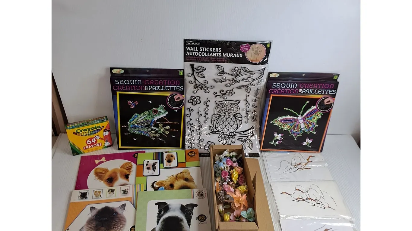 Crayola 64-Pack, Sequin Kits, Wall Stickers, Pet Folders, Flower Craft, Benjamin Chee Chee Cards