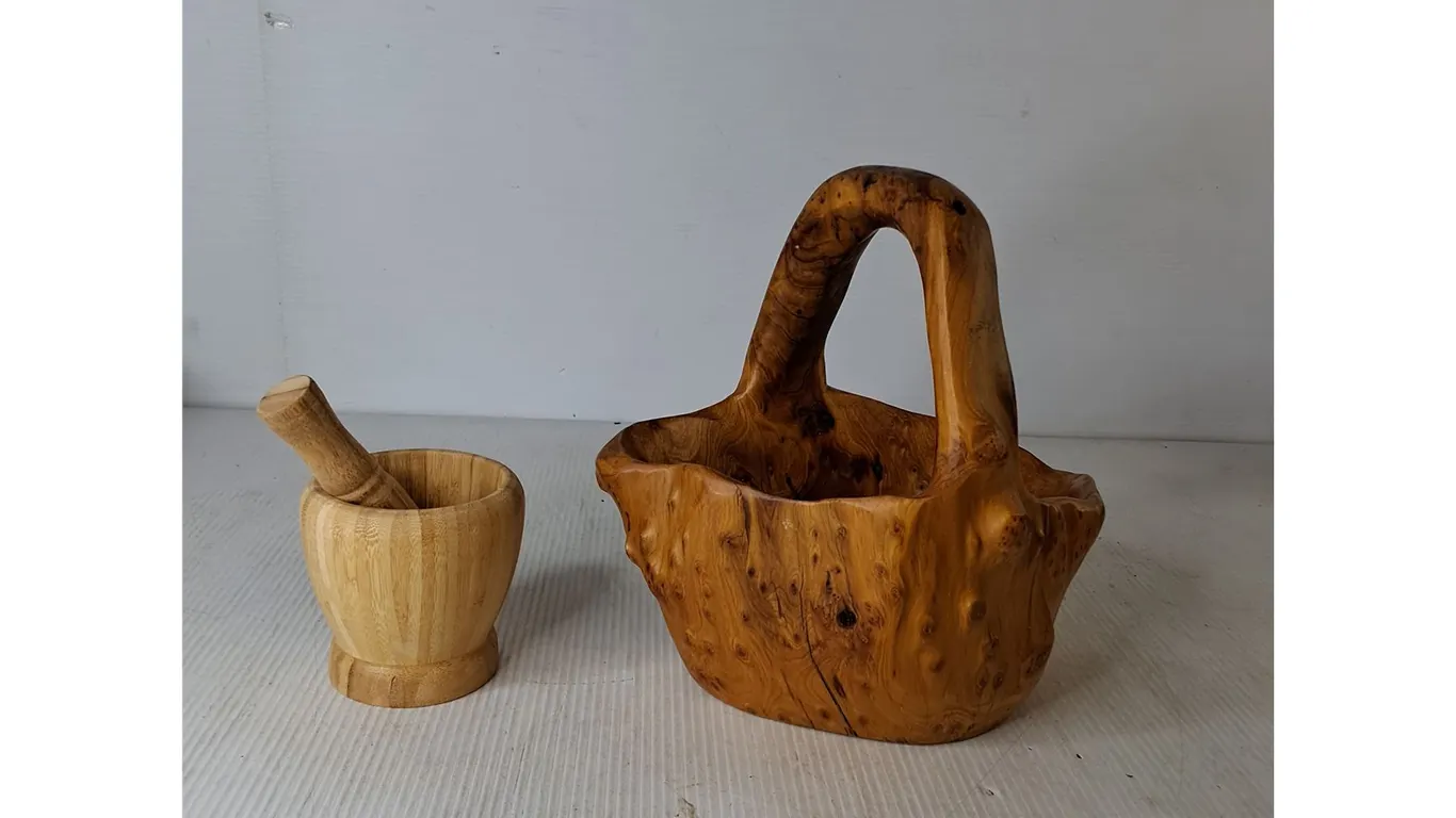 Burl Wood Hand Carved Basket, Wooden Mortar & Pestle