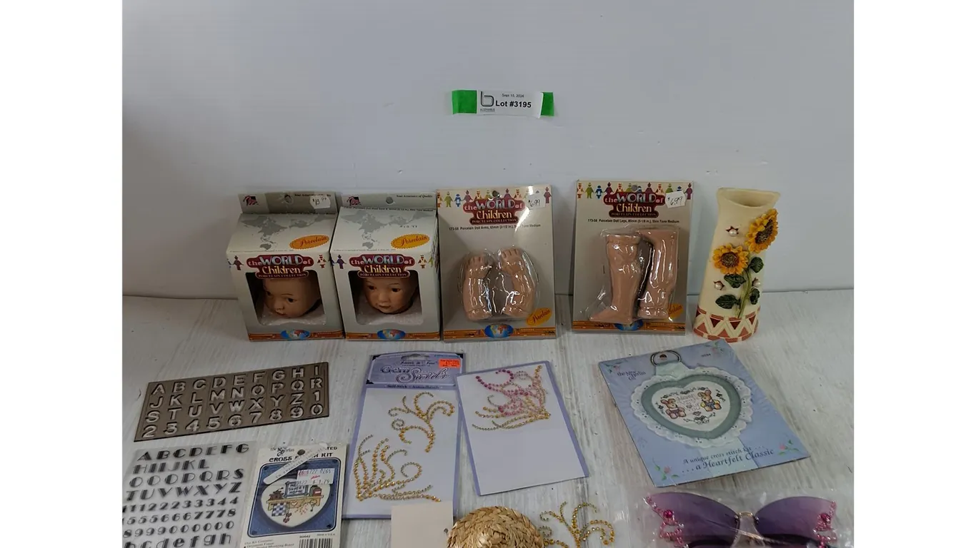World of Children Porcelain Doll Heads, Limbs, Butterfly Glasses, Letter Jig, Cross Stitch Kit, Misc