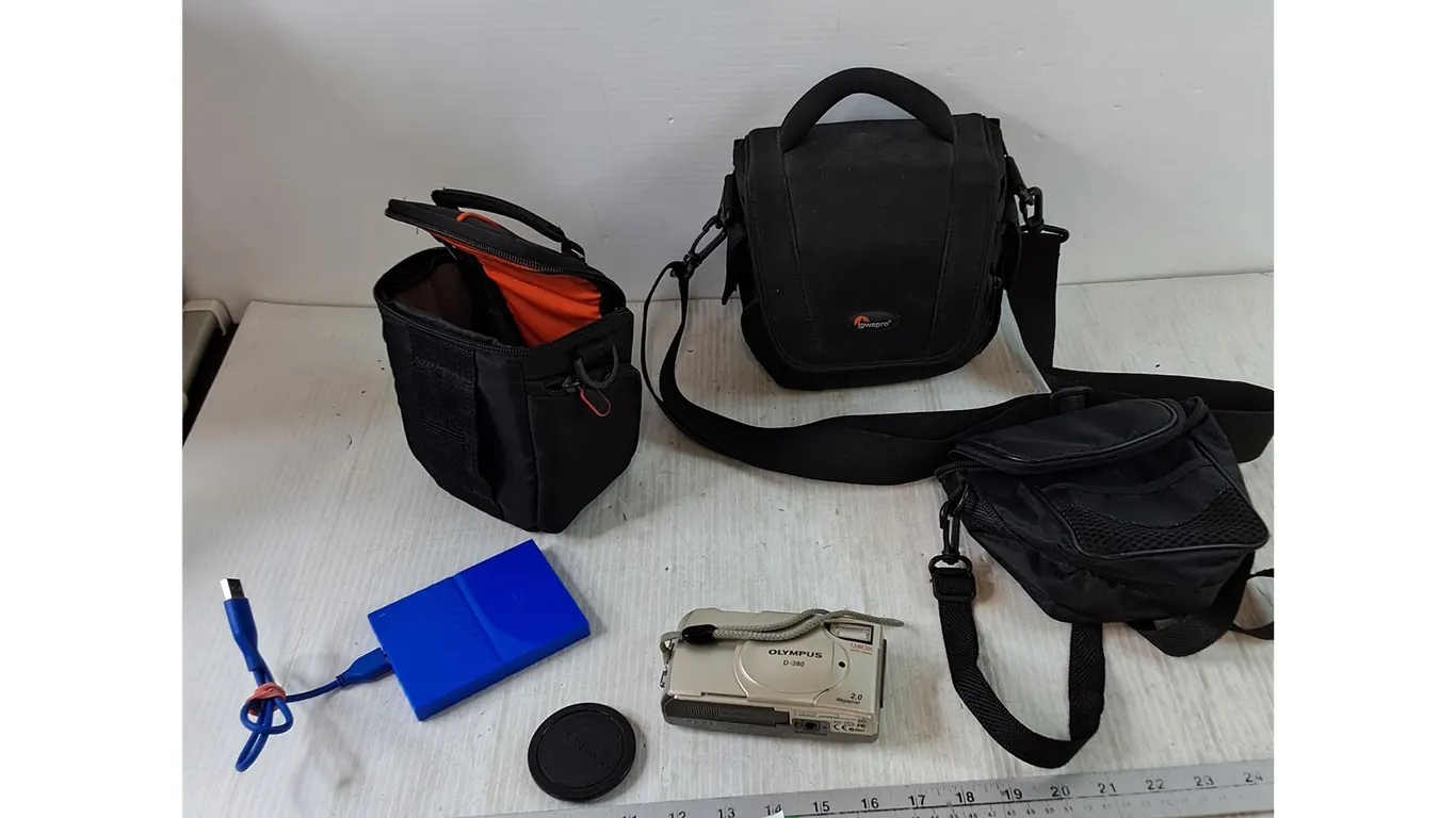 Olympus D-380 Camera and Hard Drive Both Untested, Camera Cover and (3) Camera Carry Cases