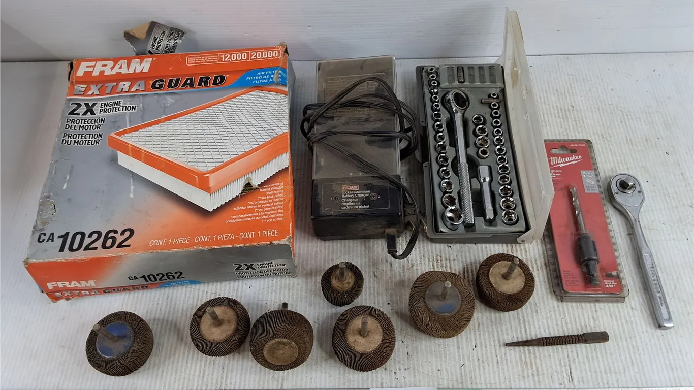 Fram Filter, Nickel Cadmium Battery Charger, Ratchet Wrench & Socket Set, Polishing Wheels, Misc