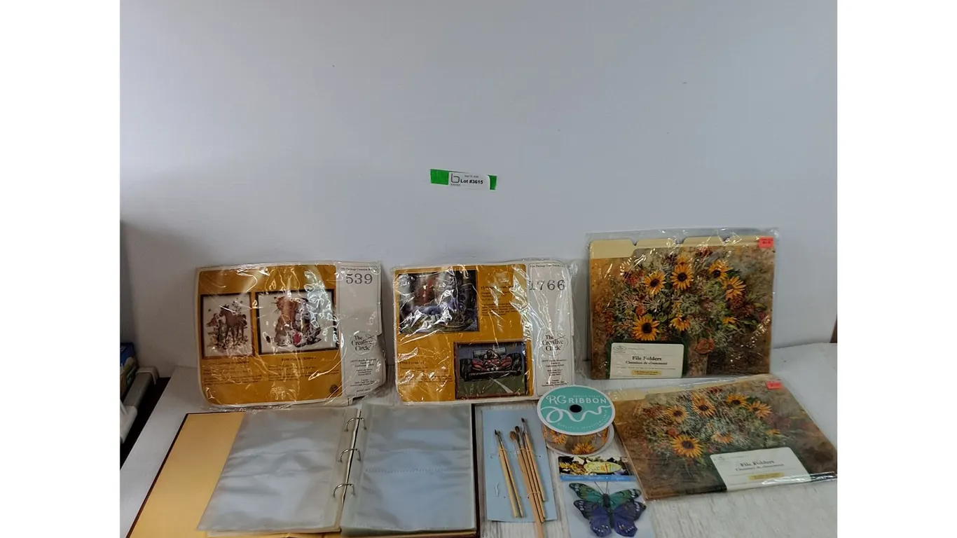 (2) Sunflower File Folders, (2) Color Painting Cotton Fabric Art, Paintbrushes, Ribbon, Elephant Bin