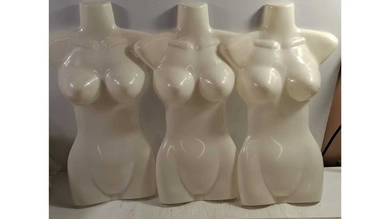 (3) White Plastic Female Torso mannequin Dress Forms