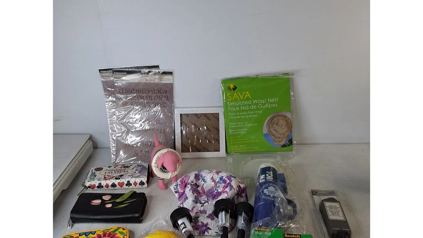 Simulated Wasps Nest, Pen Script Lettering, Photo Frame, Scotch Tape, Wallets, Misc
