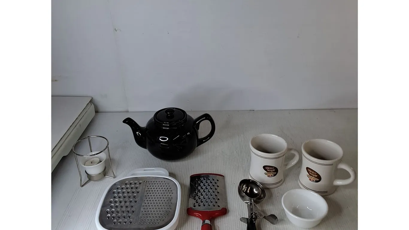 Tea Pot, (2) A & W Mugs, (2) Cheese Graters, Misc