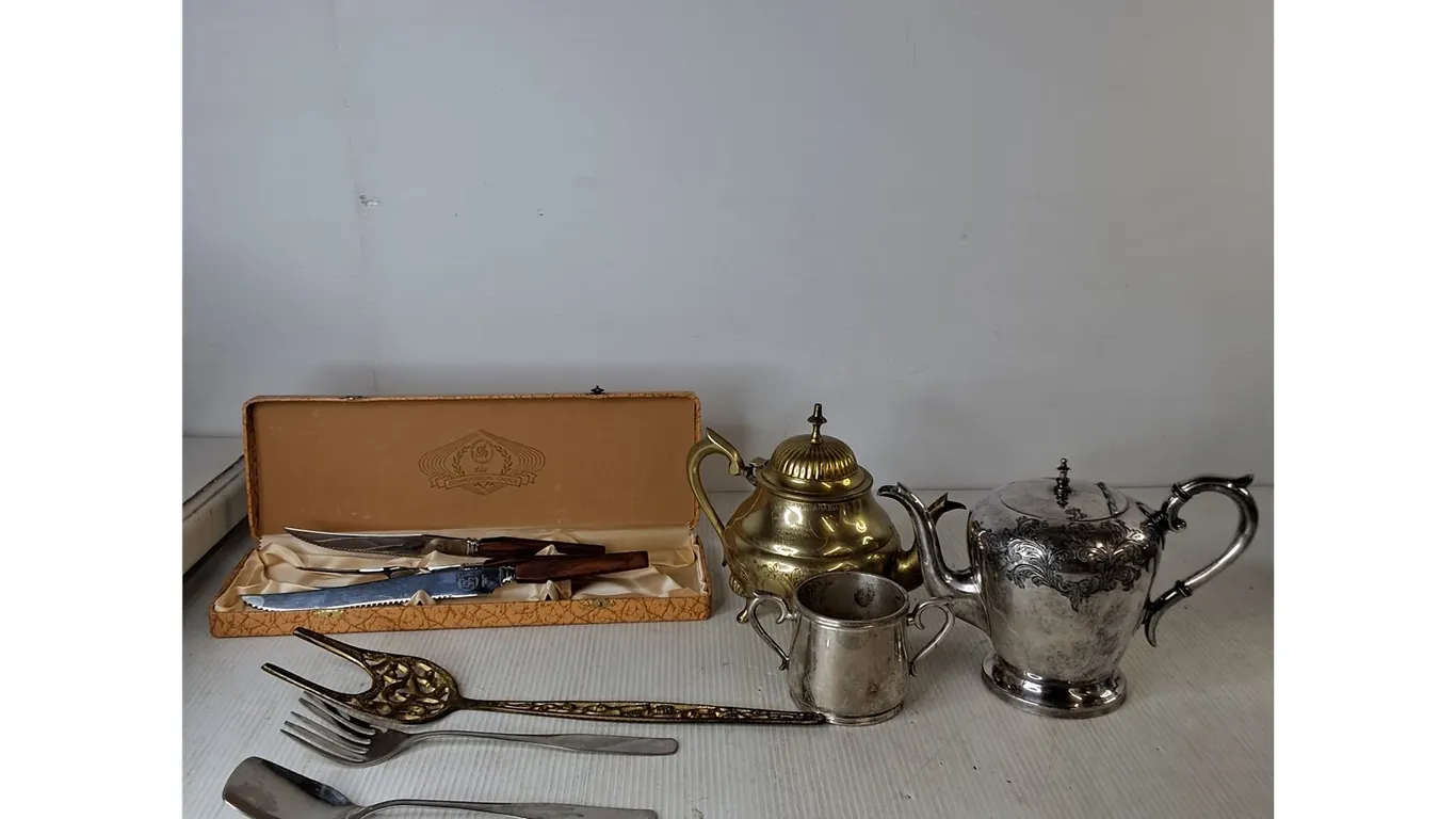 Stamped Glow Hill Carving Set, Brass Tea Pot, Silver Plated Tea Pot & Sugar Bowl, Misc