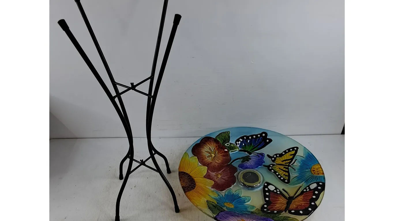 Decorative Glass Bird Bath w/Folding Stand