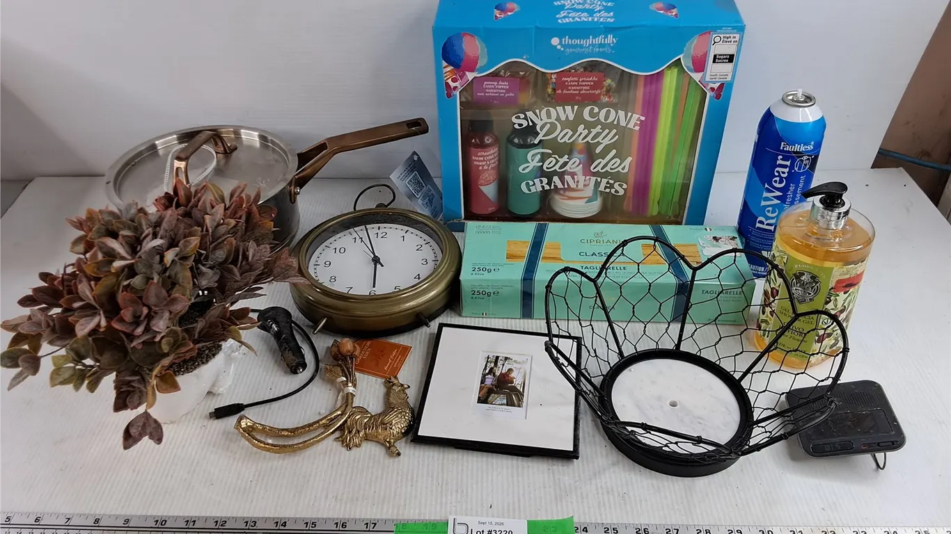 Artificial Plant, Stock Pot w/Lid, Wall Clock, Fruit Basket, Shower Gel, Picture Frame, Misc