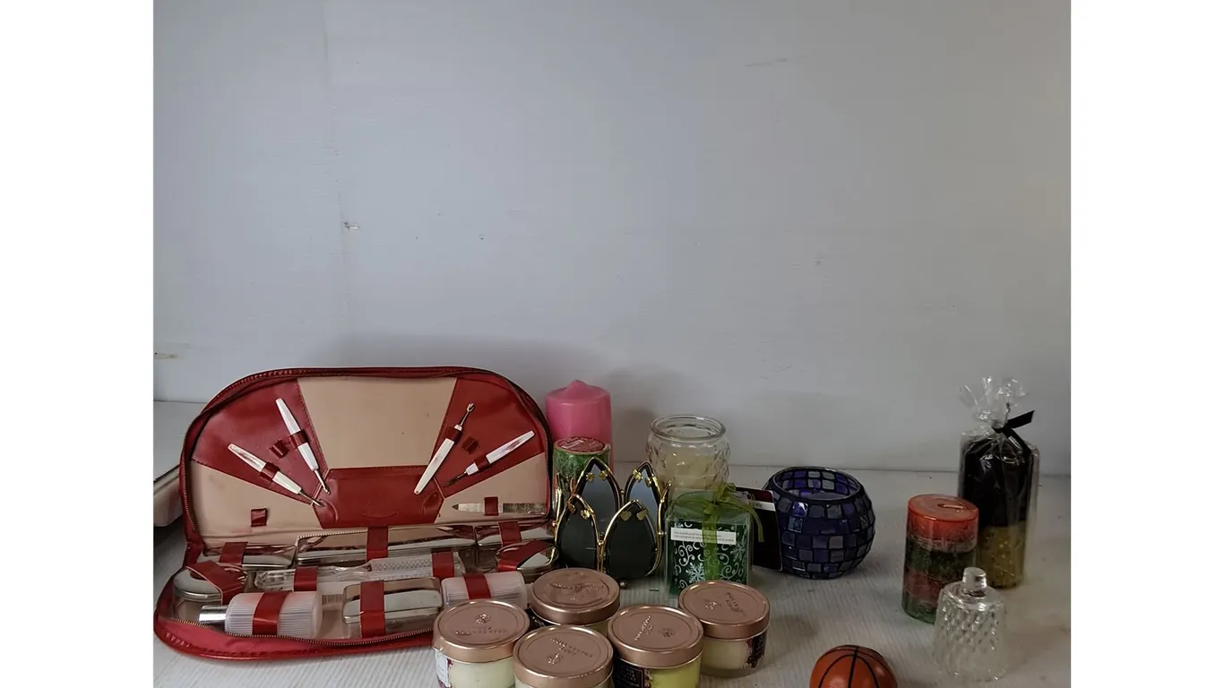 Red Toiletry Kit, Assorted Candles & Candle Holders, Basketball Lock, Misc
