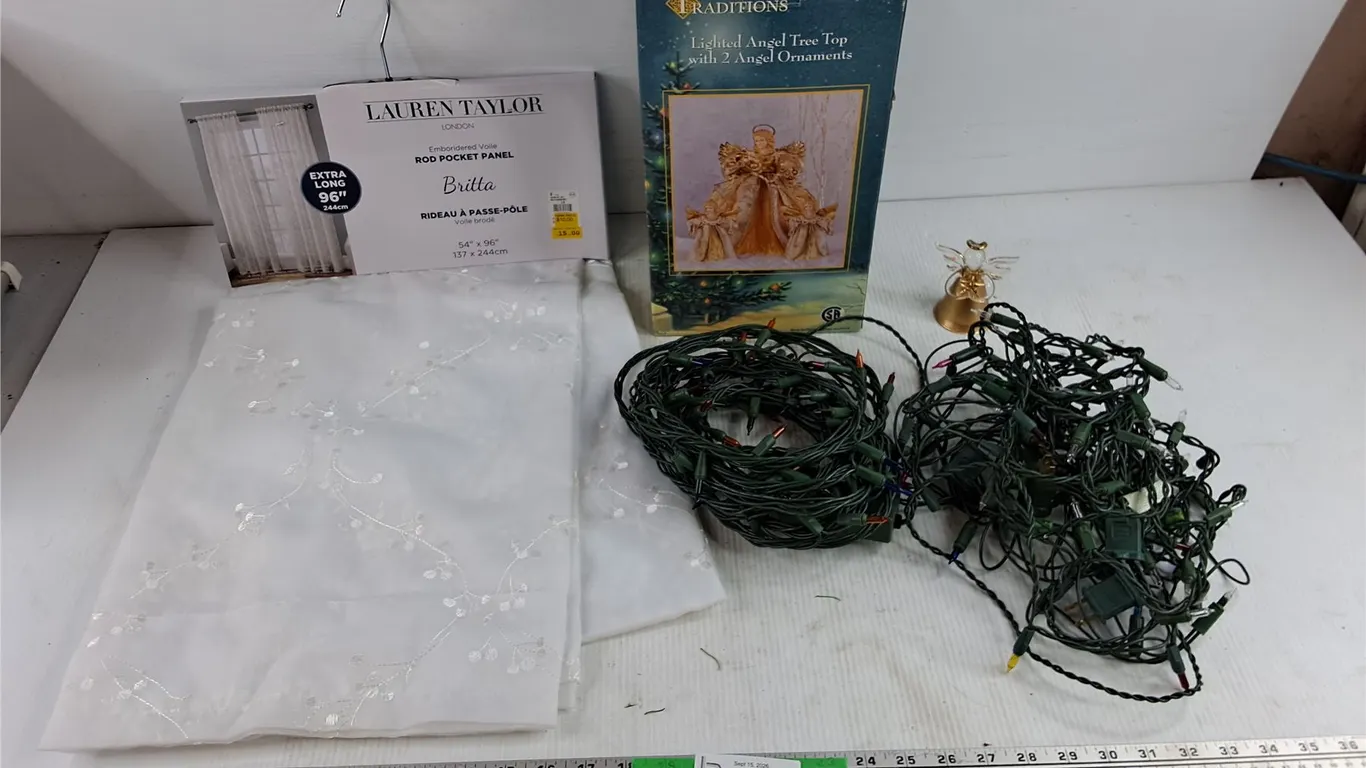 Lauren Taylor Rod Pocket Panel, Christmas Tree Lights, Lighted Angel Tree Top w/Angel Ornaments