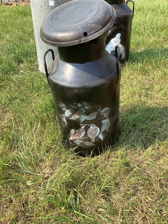 Black Painted Metal Milk Can With Floral Design