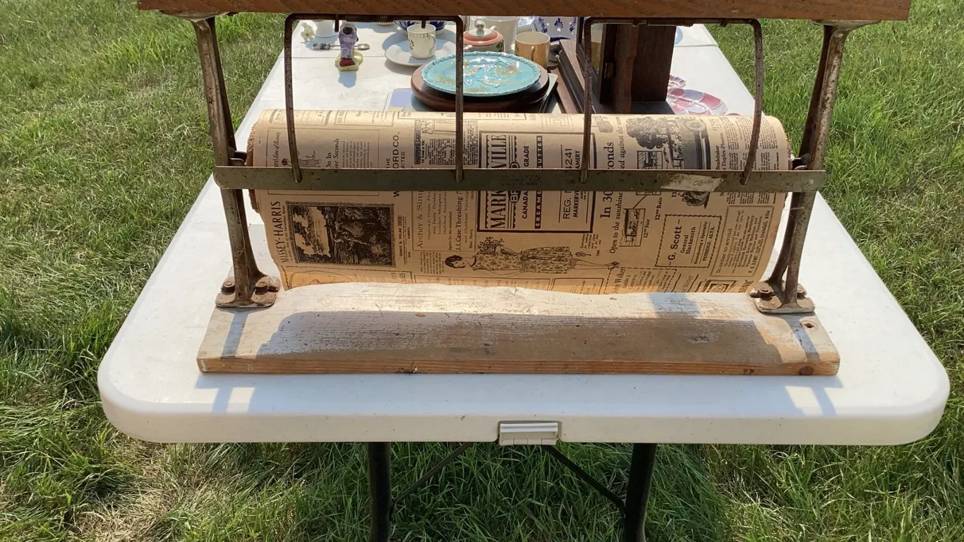 Antique Wooden Newspaper Dispenser With Cast Iron Frame 27"