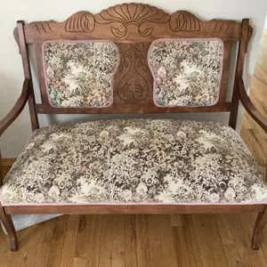Wooden Settee With Floral Upholstery, Measures 47" W x 39" H x 23" D
