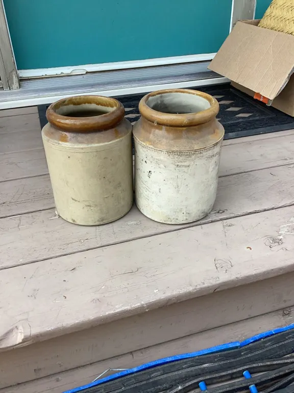 Stoneware Crocks with Brown Glazed Rims