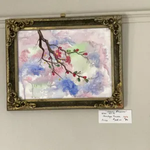 Watercolour painting titled "Cherry Blossoms" featuring a branch with blooms against a pastel backgr