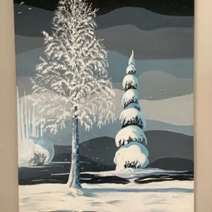 Winter landscape painting in acrylic on canvas depicting snowy trees and hills in blue and white ton