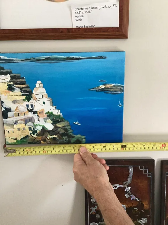 Acrylic painting on canvas depicting a Mediterranean coastal landscape with whitewashed domes, blue