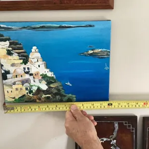 Acrylic painting on canvas depicting a Mediterranean coastal landscape with whitewashed domes, blue 