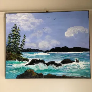 Acrylic painting titled "Pacific Shores" original painting by Marie Sveinson.  The artwork depicts a