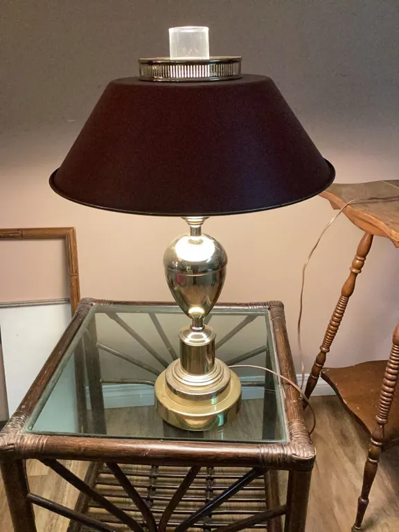 Brass Table Lamp with Maroon Shade and Glass Finial, 27 Inches Tall