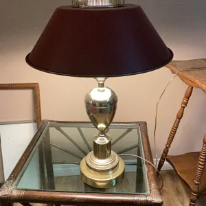Brass Table Lamp with Maroon Shade and Glass Finial, 27 Inches Tall