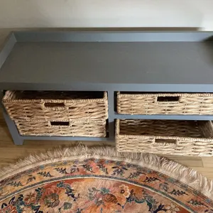 Grey Wooden Bench with Four Wicker Baskets and Tray Top