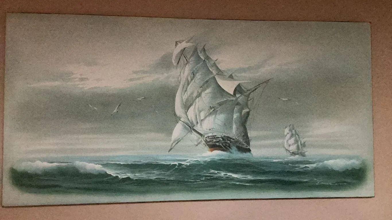 Large Canvas Painting of Sailing Ships on Ocean